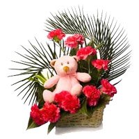 This Diwali Send Diwali Gifts to your relatives like Red Carnation Small Teddy Basket 12 Flowers