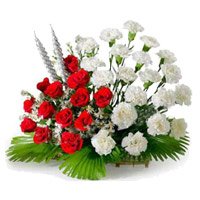 Send Online Red and White Carnation Basket 24 Diwali Flowers Delivery in Bangalore