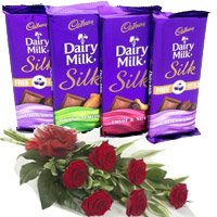 Online New Year Gifts in Bengaluru take in 4 Cadbury Dairy Milk Silk Chocolates With 6 Red Roses in Bangalore