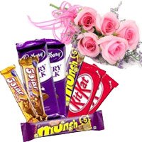 Place order for Twin Five Star and Dairy Milk, Munch, Kitkat Chocolates with 5 Pink Roses Flowers and New Year Gifts to Bangalore