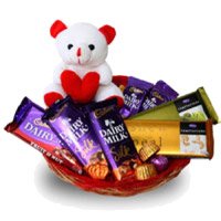 Same Day Gift Delivery in Bangalore to send Online Dairy Milk, Silk, Temptation Chocolates and 6 Inch Teddy Basket on Friendship Day