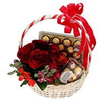 Place Order to Send 12 Red Roses, 40 Pcs Ferrero Rocher Basket to Bangalore on Friendship Day