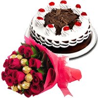 Friendship Day Gifts to Bangalore Midnight Delivery to send Online 16 pcs Ferrero Rocher 30 Red Roses Bouquet 1/2 Kg Black Forest Cake