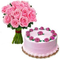 Friendship Day Cake Delivery in Bangalore. Send of 1/2 Kg Strawberry Cake 12 Pink Roses Bouquet