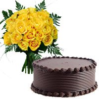 Send 1/2 Kg Chocolate Cake 18 Yellow Roses Bouquet Bangalore for Friendship Day