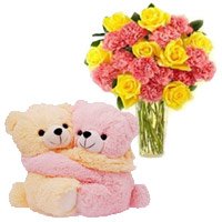 Send 24 Pink Carnation Yellow Rose Vase With Hugging Teddy Bear to Bengaluru on Friendship Day