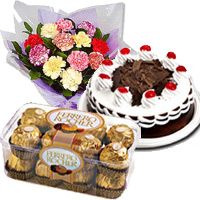 Online Gifts Delivery to Bangalorefor 12 Mix Carnation, 1/2 Kg Black Forest Cake, 16 Pcs Ferrero Rocher