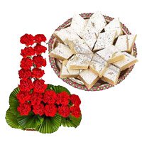 Gift Delivery to Bangalore to deliver 24 Red Carnation Basket, 1/2 Kg Kaju Burfi