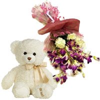 Gift delivery in Bangalore to send 6 Purple Orchids 6 Yellow Carnations Bunch 6 Inch Teddy