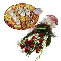 Deliver 6 White Orchids 12 Red Roses Bunch 1 Kg Assorted Kaju Sweets and gifts to Bangalore