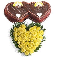 40 Yellow Roses Heart 2 Kg Twin Heart Shape Chocolate Cake Order Online Bangalore