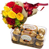 Bengaluru Gifts provides New Year Flowers anywhere in Bangalore consist of 12 Red Yellow Roses Bunch and 16 Pcs Ferrero Rocher chocolate