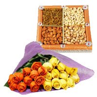 Buy New Year Flowers to Bengaluru along with 1/2 Kg Dry Fruits and 24 Orange Yellow Roses Bunch of roses to Bangalore