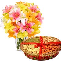 Shop for Best Diwali Gifts Delivery in Bangalore comprising 510 Mix Lily Vase, 1 Kg Mix Dry Fruits to Bangalore