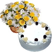 Send 30 White Gerbera Yellow Roses Basket 1 Kg Eggless Pineapple Cake to Bangalore