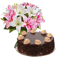 Online Gift Delivery in Bangalore to send 6 Pink White Lily 1 Kg Chocolate Cake From 5 Star Hotel