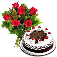 Online Gift Delivery to Bangalore for 6 Red Roses 1/2 Kg Black Forest Cake