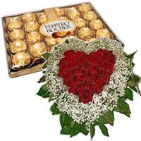 Send Gifts in Bengaluru. Deliver 50 Red Roses White Daisies Heart with 24 pcs Ferrero Rocher on Friendship Day