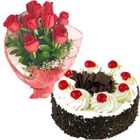 Deliver 1 Kg Black Forest Cake 12 Red Roses Bouquet Bangalore