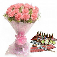 Crackers to Bangalore including 24 Pink Carnation Bouquet with Assorted Crackers worth Rs 1500