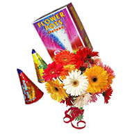 Diwali Gifts to Bangalore. 12 Mix Gerbera Bunch with 2 Box Flower Pot(Anaar)