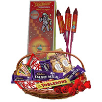 Basket of Assorted Chocolates and 10 Red Roses with 1 Box Rocket contain 10pcs. Diwali Gifts in Bangalore.