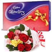 Gifts to Bangalore Midnight Delivery. Send 12 Mix Roses Bouquet Bangalore with Cadbury Celeberation Pack
