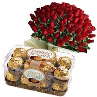 Send 16 Pcs Ferrero Rocher with 50 Red Roses Bunch to Bangalore. Rakhi Gift Delivery in Bangalore
