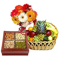 Deliver Bunch of 12 Mix Gerberas with 3 kg Fresh fruit Basket and 0.5 kg Mixed Dry fruits to Bangalore to Gifts to Bengaluru