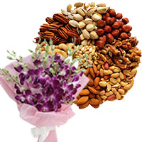Gift Delivery in Bangalore at Midnight for 12 Orchid Stem Flower Bouquet with 500 gm Assorted Dry Fruits
