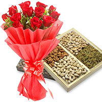 Same Day Gift Delivery in Bangalore for 12 Red Roses with 500 gm Mixed Dry Fruits