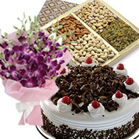 Send 5 Purple Orchids Bunch 1/2 Kg Black Forest Cake to Bangalore with 500 gm Mix Dry Fruits on Friendship Day