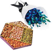 Dry Fruits to Bangalore. Deliver Blue Orchid Bunch of 10 Flowers Stem with 1/2 Kg Mix Dry Fruits to Bangalore