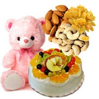 Deliver 12 inch Teddy with 1 Kg Eggless Fruit Cake from 5 Star Bakery and 500 gm Assorted Dry Fruits to Bangalore