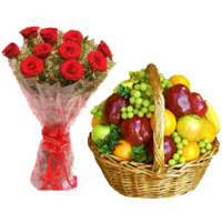 Gift Delivery to Bangalore at Midnight for 12 Red Roses Bouquet with 2 Kg Mix Fresh Fruits