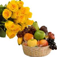 Cheap New Year Gifts to Bengaluru Online Contsist of 12 Yellow Roses Bunch with 1 Kg Fresh Fruits Basket