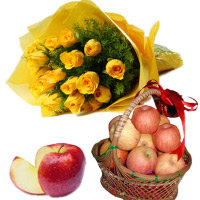 Send Gifts to Bangalore that includes 2 Kg Apple Basket with 12 Yellow Roses Bouquet Bangalore