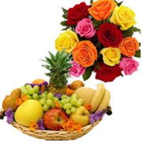 Send Christmas Gifts to Bangalore comprising 12 Mix Roses Bunch with 1 Kg Fresh Fruits to Bengaluru Gifts with Basket to Bangalore