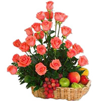 Online Gift Delivery in Bangalore for 36 Pink Roses and 2 Kg Fruit Basket in Bangalore