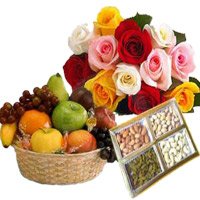 Same Day Gift Delivery in Bangalore for 12 Mix Roses Bunch with 1 Kg Fresh Fruits Basket and 500 gm Mix Dry Fruits on Friendship Day
