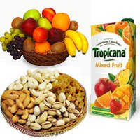 Order 1 Kg Fresh Fruits Basket with 500 gm Mix Dry Fruits and 1 ltr Mix Fruit Juice in Gifts to Bangalore