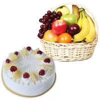 Gift Delivery in Bangalore. 1 Kg Fresh Fruits Basket with 500 gm Pineapple Cake