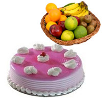 Send Gifts to Bangalore that contains 1 Kg Fresh Fruits Basket with 1 Kg Strawberry Cake