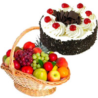 Online Gifts Delivery in Bangalore to deliver 2 Kg Fresh Fruits with 1 Kg Black Forest Cake