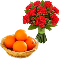 Cheap New Year Gifts to Banglore including 12 Red Carnations Bunch with 12 pcs Fresh Orange