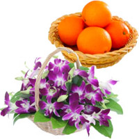 Order Gifts to Bangalore that includes Purple Orchids Basket 15 Flower Stems with 12 pcs Fresh Orange