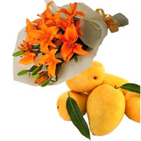 Send Orange Lily Bouquet 4 Flower Stems with 12 pcs Fresh Mango Fruits to Bangalore