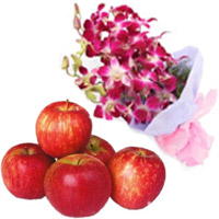 Cheap Online Order for Purple Orchid Bunch 5 Flowers Stem with 1 Kg Fresh Apple. New Year Gift to Bangalore Online