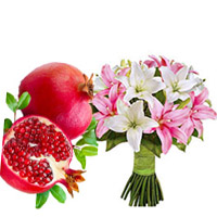Send Online Gifts to Bangalore that includes 1 Kg Fresh Promegranate with Pink White Lily Bouquet 6 Stems
