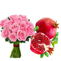 Best New Year Gifts in Bangalore be made up of Pink Roses Bouquet 12 Flowers with 1 Kg Promegranate